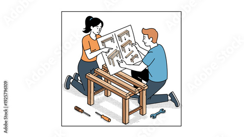 Couple assembling furniture together with instructions in isometric style