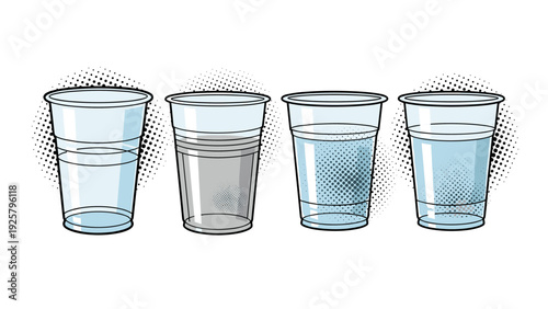 Stylized plastic cup collection with water and comic dot halftone background