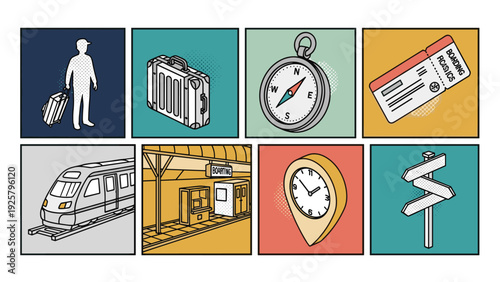 Travel icons: adventure essentials in retro style for journey planning and exploration