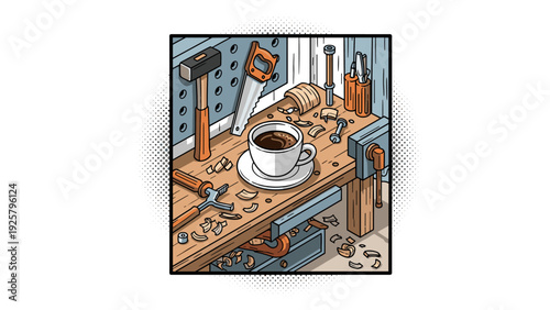 Cozy coffee break in a rustic workshop setting with tools and wood shavings