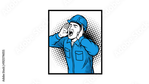 Retro comic style construction worker shouting in blue uniform