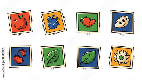 Colorful comic style food and nature icons with vintage pop art design