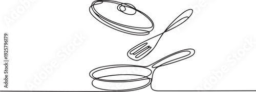 Pancake flipping on the pan in continuous one line art style. one line art icon drawing vector