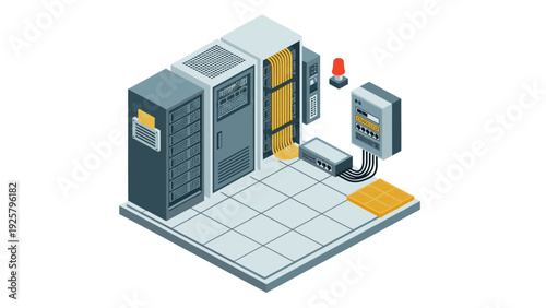 Isometric data center with server racks and network equipment