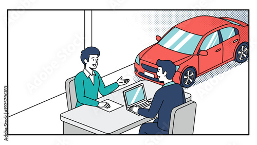 Business discussion on car deal at office with laptops and red sedan in background