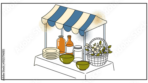 Charming market stall display with vintage tableware and floral basket