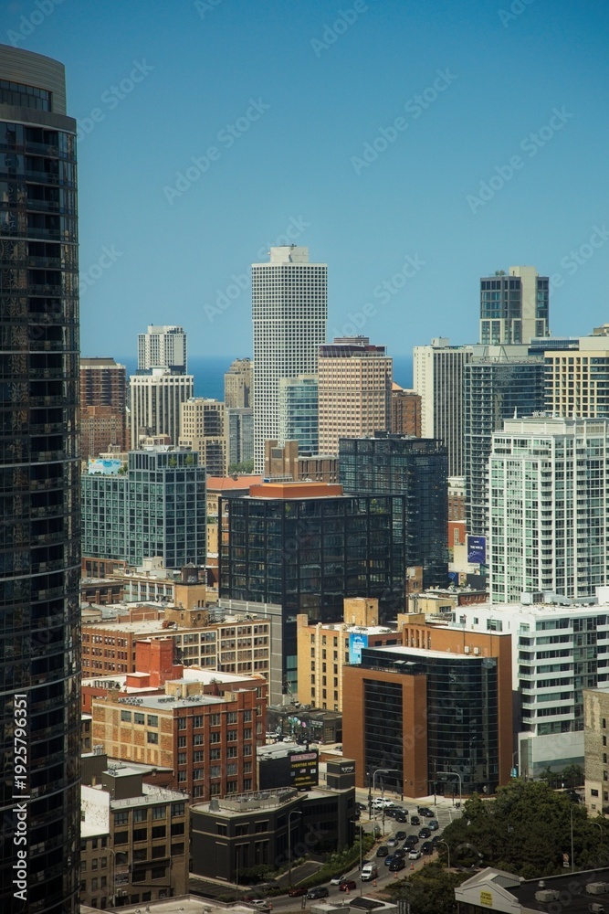 Fototapeta premium Aerial View of the Chicago Skyline on a Clear Blue Sky Day