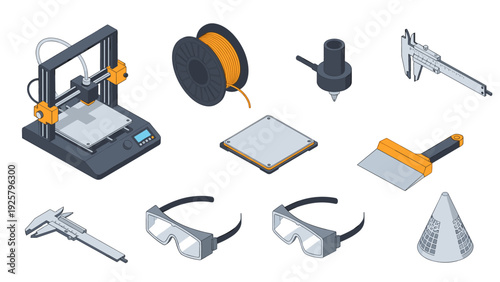 3d printer components: isometric design featuring filament, nozzle, and tools