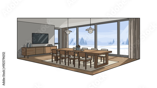 Modern dining room with large windows overlooking winter landscape in flat style