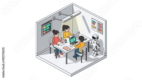 Collaborative work with ai robot in modern office isometric design