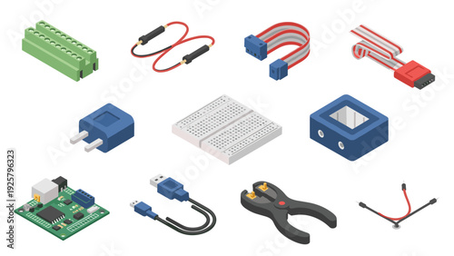 Isometric electronic components set with circuit cables and tools