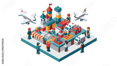 Isometric cityscape with building blocks and emergency vehicles