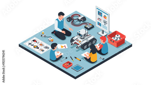 Children learning robotics in an isometric classroom setting with educational tools