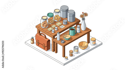 Cozy kitchen table with assorted jars and accessories in isometric style