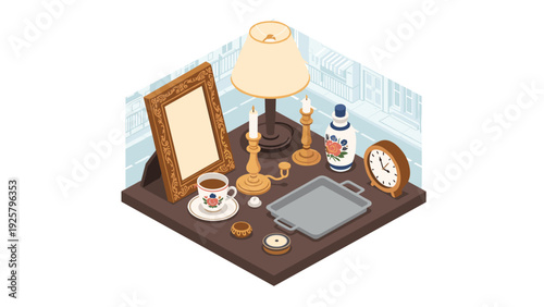 Isometric vintage desk setup with decorative items and lighting