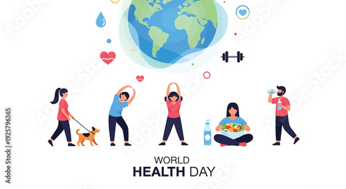 World Health Day flat illustration set with fitness, globe, and health symbols.