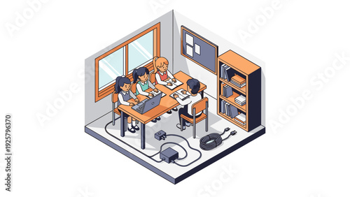 Isometric classroom design with students working on laptops at a table
