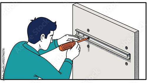 Handyman using screwdriver to align wall bracket in minimalist style