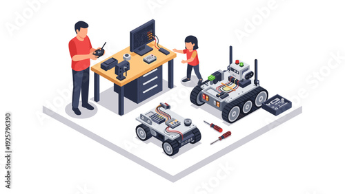 Family building robots together in workshop space with isometric design