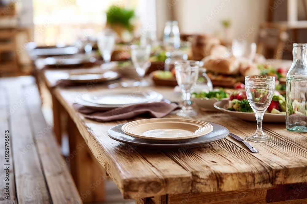 Fototapeta premium Dining table set with plates, glasses, and food on rustic wooden surface