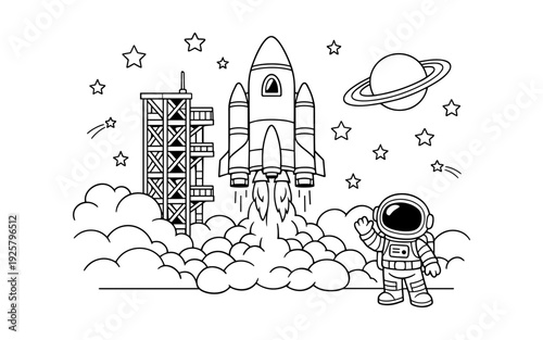 Cartoon rocket launching into space with astronaut waving goodbye from launchpad