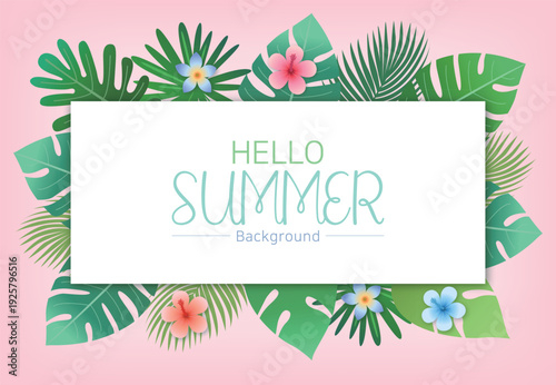 Summer background image with tropical plants and hibiscus