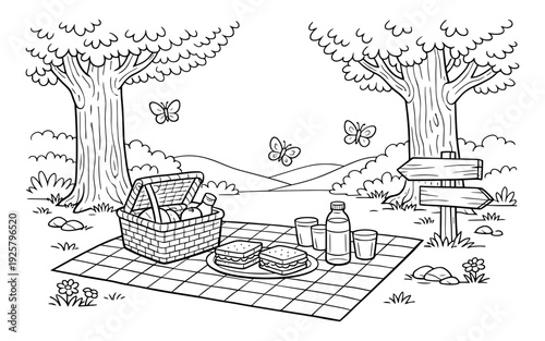 Charming black and white illustration of a picnic scene with a basket, sandwiches, and drinks