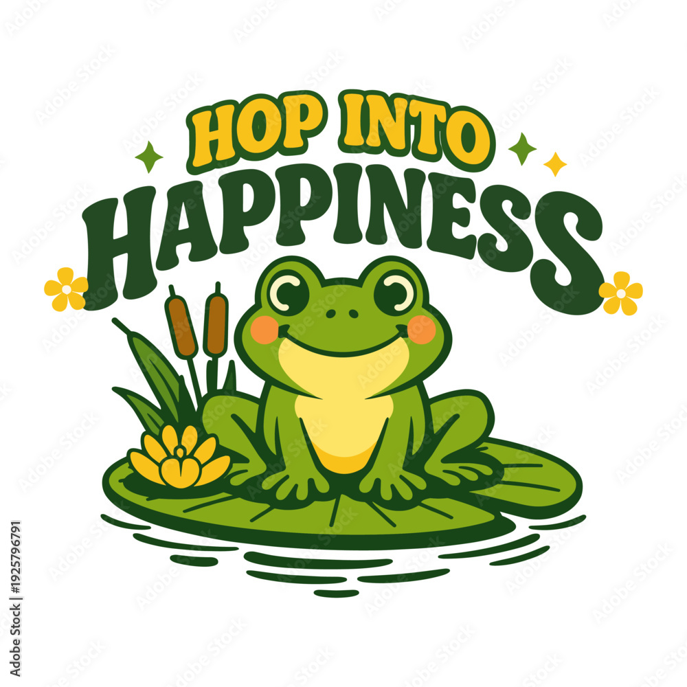 Fototapeta premium Retro Happy Frog on Lily Pad with Hop Into Happiness Quote Illustration