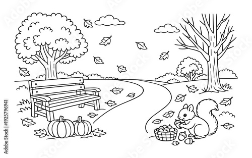 Charming autumn park scene with a squirrel collecting acorns and pumpkins by a bench