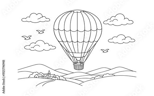 Whimsical hot air balloon floats over a charming village and rolling hills in a line art drawing
