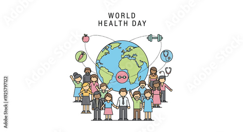 World Health Day icon set, includes people, globe, health symbols. Created in colorful flat style with blue and green palette