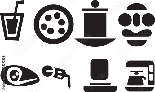 Collection of simplistic black silhouette icons representing various food items