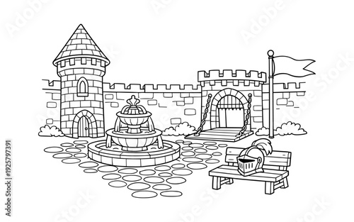 Cartoon medieval castle courtyard with a fountain, drawbridge, and knight's helmet on a bench