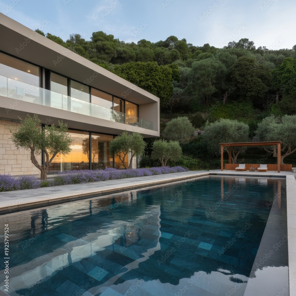 Fototapeta premium Luxurious modern villa with a pool at sunset