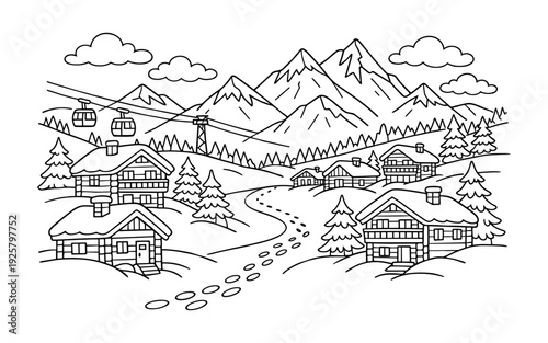 Charming winter village nestled in snowy mountains with ski lift and cozy chalets