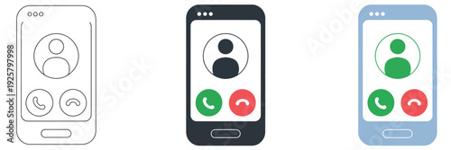 Mobile phone call icon set, vector symbols showing phones with call and contact icons on screen, including accept, decline, answer, and hang up symbols for apps, websites, and user interface design.