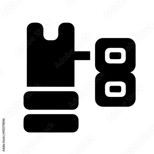 A black and white icon of a car seat and the number eight