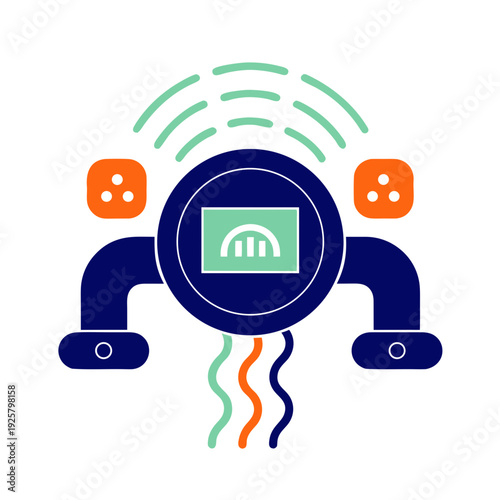 A blue robot with green and orange lines and a screen on its chest