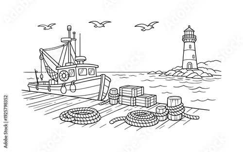 Fishing boat docked at pier with lighthouse and seagulls overhead