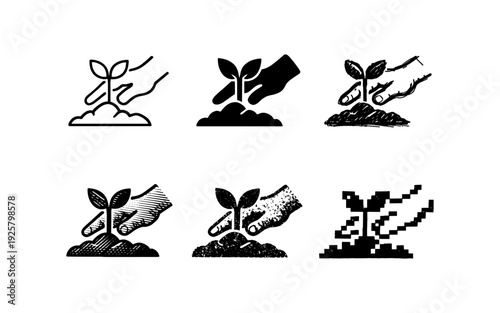 Hand nurturing a seedling in soil, diverse artistic styles, growth concept