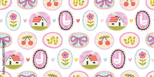 Goose and house seamless pattern with cute cameos, cherries and bows. Flirty aesthetic horizontal vector for kids nursery, cottagecore textile, stationery and digital paper design.