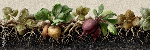 organic vegetables and compost illustration, a tactile, earthy web header with a hand-painted watercolor of diverse root vegetables and compost, on textured paper