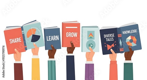 Diverse hands hold books with inspirational words and graphics, promoting education & sharing