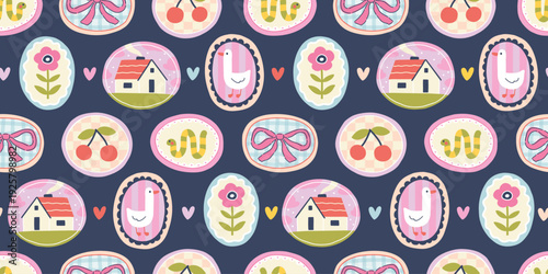 Cottagecore seamless pattern with cute house, goose and flower in cameo frames. Naive doodle style on dark background for childish textiles, stationery, trendy packaging and digital paper.