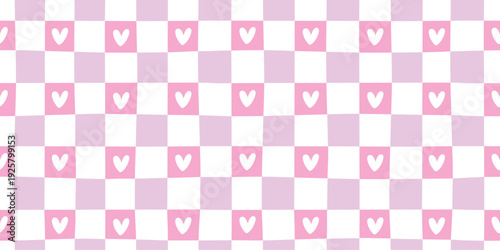Heart seamless pattern vector with cute white souls on pink checkered background. Wavy checkerboard style for valentines day, textile, stationery. Girly, sweet, stylish, modern doodle