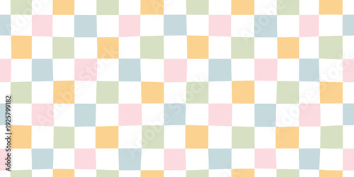 Checkered seamless pattern vector with colorful pastel squares on white background. Wavy checkerboard style for aesthetic stationery, fabric, nursery. Cute, stylish, minimalist, modern doodle.
