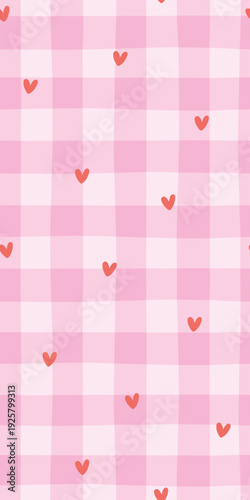 Heart seamless pattern vector with red confetti on pink gingham background. Vertical vichy check style for mobile wallpaper, stories, kids textile. Sweet, stylish, modern doodle.
