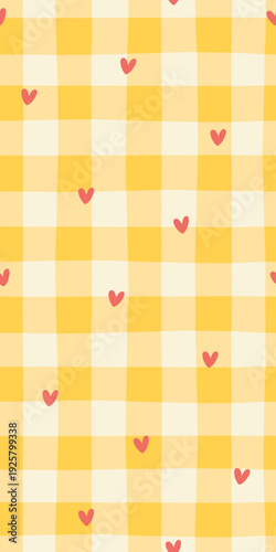 Heart seamless pattern vector with red confetti on yellow gingham background. Vertical vichy check style for summer social media, kitchen decor, wallpaper. Bright, stylish, modern doodle.