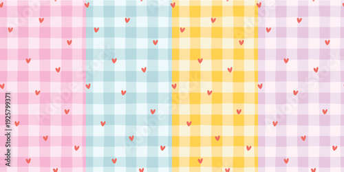 Heart seamless pattern set vector with red confetti on colorful gingham background. Collection of cute vichy check for valentines day, textile, wrapping. Sweet, stylish, modern doodle