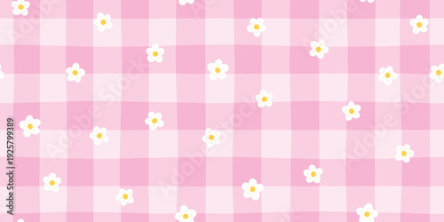 Daisy seamless pattern vector with white flowers on pink gingham background. Cute floral vichy check for spring, kids textile, stationery, wrapping paper. Sweet, stylish, modern doodle.